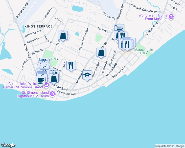 map of restaurants, bars, coffee shops, grocery stores, and more near 601 Sheraton Plaza in St. Simons Island