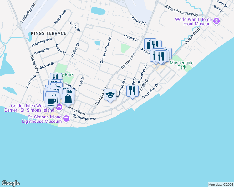 map of restaurants, bars, coffee shops, grocery stores, and more near 601 Sheraton Plaza in St. Simons Island