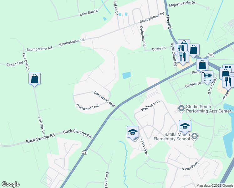 map of restaurants, bars, coffee shops, grocery stores, and more near 106 Sunbelt Trail in Brunswick
