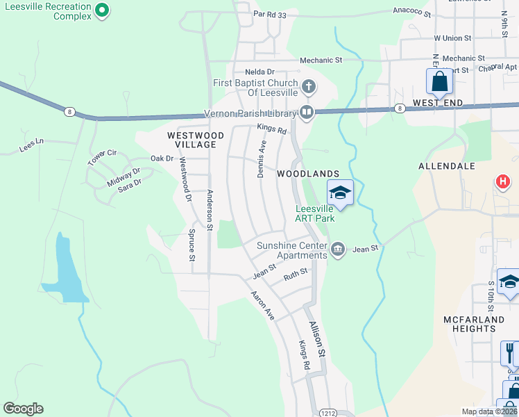 map of restaurants, bars, coffee shops, grocery stores, and more near 1100 Dennis Avenue in Leesville