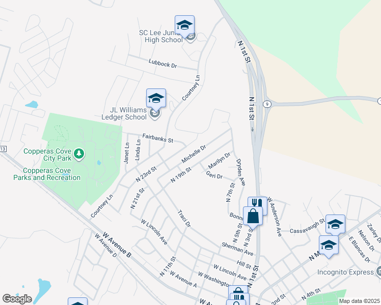 map of restaurants, bars, coffee shops, grocery stores, and more near 906 North 23rd Street in Copperas Cove