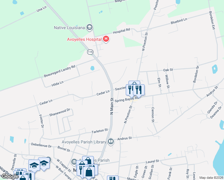 map of restaurants, bars, coffee shops, grocery stores, and more near 101 Cedar Lane in Marksville