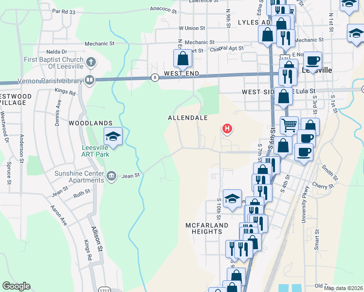 map of restaurants, bars, coffee shops, grocery stores, and more near 1210 Port Arthur Terrace in Leesville