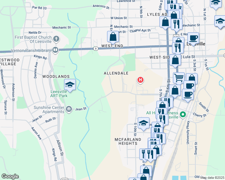 map of restaurants, bars, coffee shops, grocery stores, and more near 1216 Port Arthur Terrace in Leesville