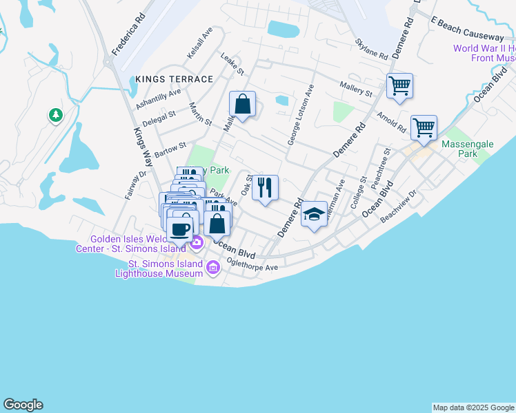 map of restaurants, bars, coffee shops, grocery stores, and more near 115 Demere Oaks Circle in Saint Simons Island