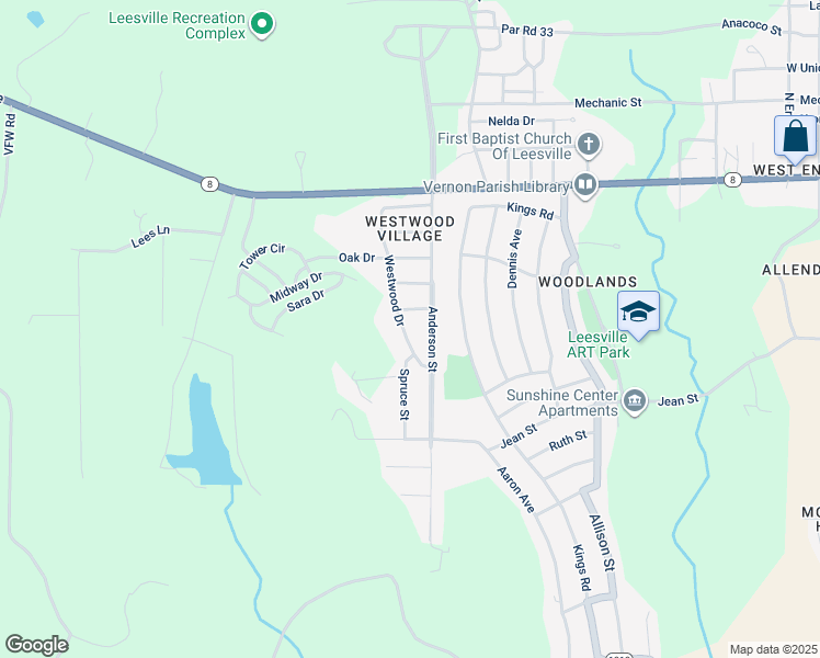 map of restaurants, bars, coffee shops, grocery stores, and more near 1051 Westwood Drive in Leesville