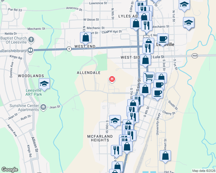 map of restaurants, bars, coffee shops, grocery stores, and more near 1101 Port Arthur Terrace in Leesville