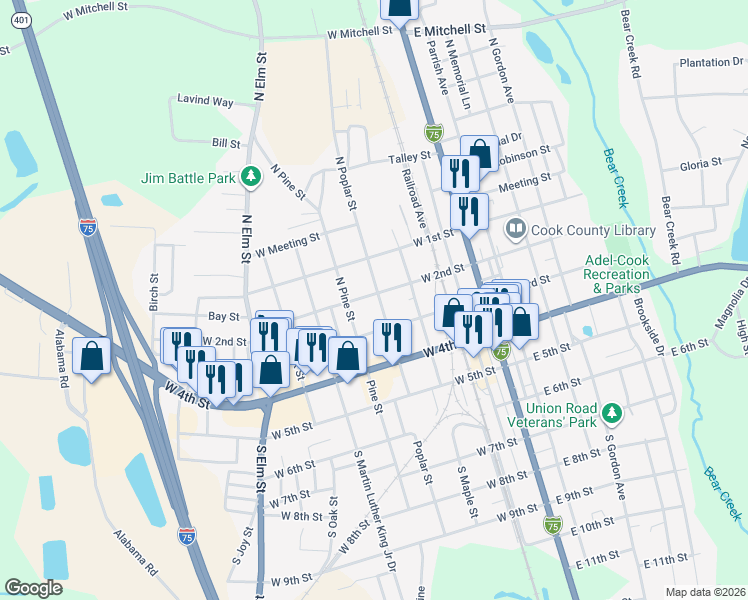 map of restaurants, bars, coffee shops, grocery stores, and more near 401 West 2nd Street in Adel