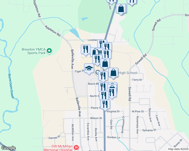 map of restaurants, bars, coffee shops, grocery stores, and more near 1835 Douglas Avenue in Brewton