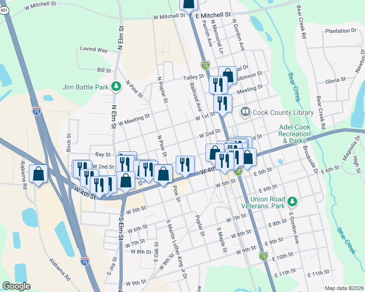 map of restaurants, bars, coffee shops, grocery stores, and more near 401 West 2nd Street in Adel