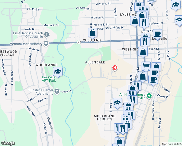map of restaurants, bars, coffee shops, grocery stores, and more near 1227A Port Arthur Terrace in Leesville