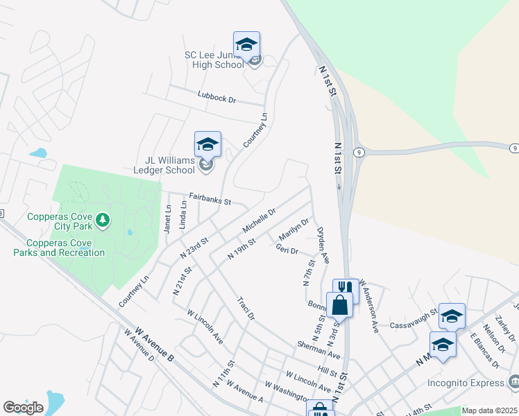 map of restaurants, bars, coffee shops, grocery stores, and more near 906 North 23rd Street in Copperas Cove