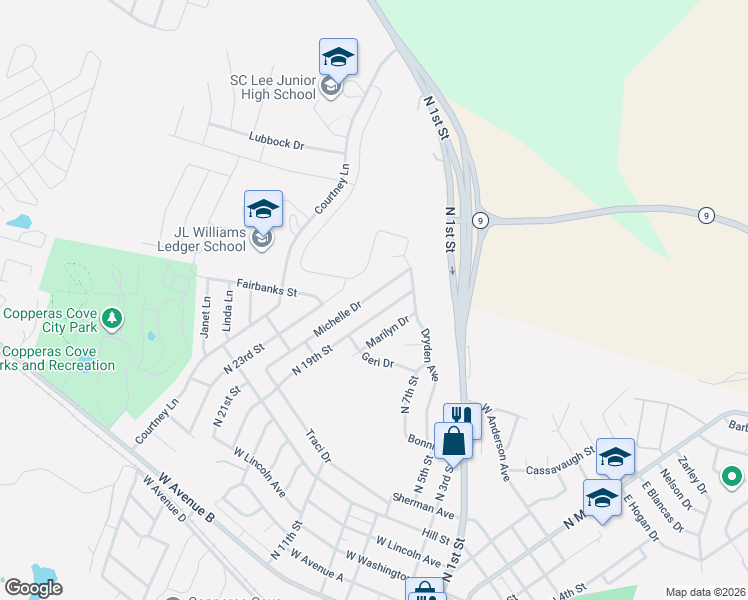 map of restaurants, bars, coffee shops, grocery stores, and more near 832 Michelle Drive in Copperas Cove
