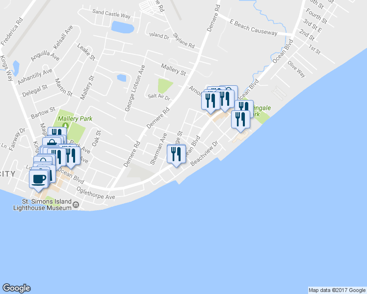 map of restaurants, bars, coffee shops, grocery stores, and more near 408 Seabreeze Dr in St Simons