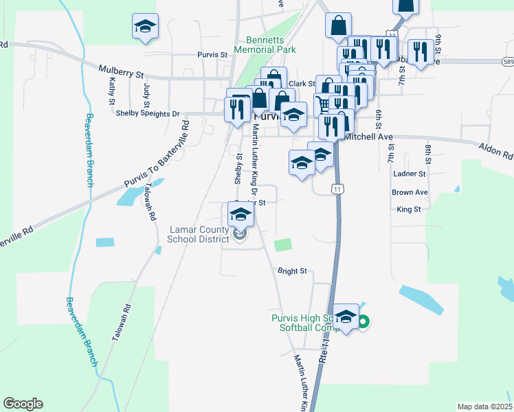 map of restaurants, bars, coffee shops, grocery stores, and more near 200 Center Street in Purvis