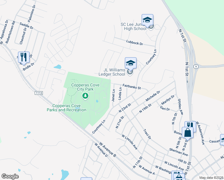 map of restaurants, bars, coffee shops, grocery stores, and more near 1421 Janet Lane in Copperas Cove