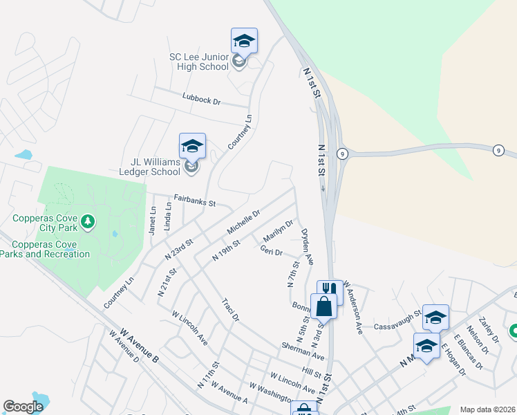 map of restaurants, bars, coffee shops, grocery stores, and more near 832 Michelle Drive in Copperas Cove