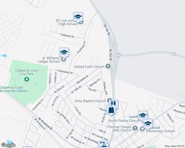 map of restaurants, bars, coffee shops, grocery stores, and more near 834 Michelle Drive in Copperas Cove