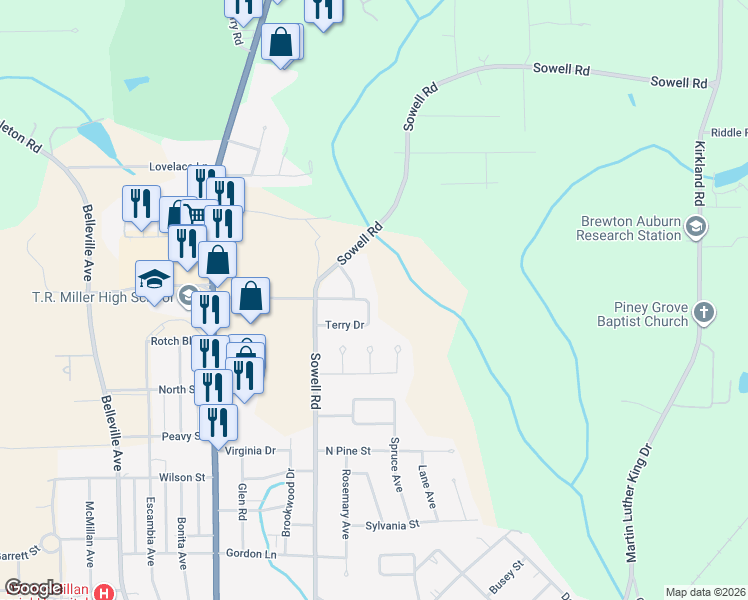 map of restaurants, bars, coffee shops, grocery stores, and more near 111 Douglas Lane in Brewton
