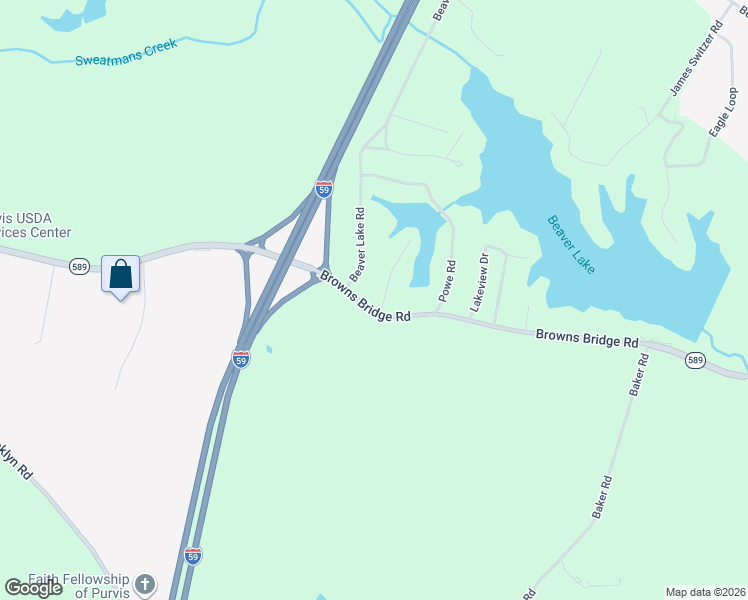 map of restaurants, bars, coffee shops, grocery stores, and more near 62-98 Browns Bridge Road in Purvis