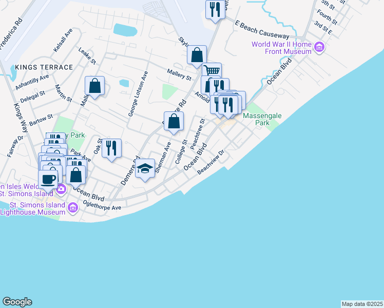 map of restaurants, bars, coffee shops, grocery stores, and more near 408 Seabreeze Drive in St. Simons