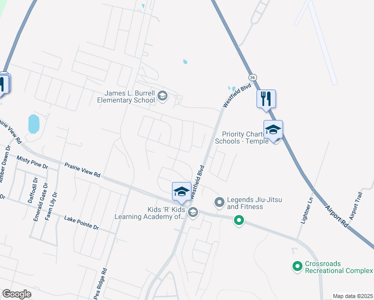 map of restaurants, bars, coffee shops, grocery stores, and more near 1802 Bayou Wood Lane in Temple
