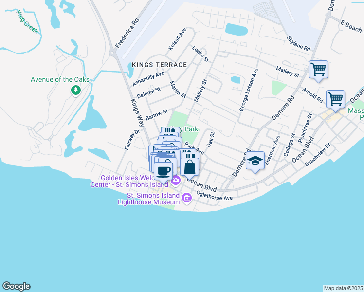 map of restaurants, bars, coffee shops, grocery stores, and more near 518 Mallery Street in St. Simons Island