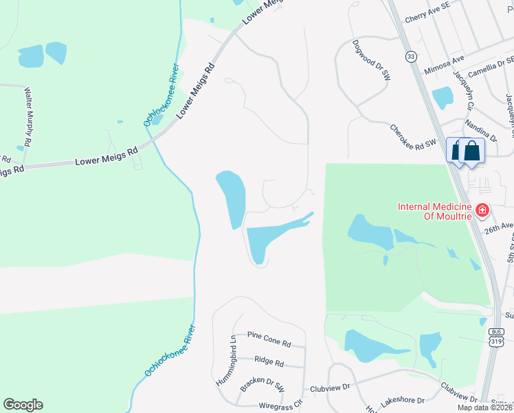 map of restaurants, bars, coffee shops, grocery stores, and more near 128 Old Tram Road Southwest in Moultrie