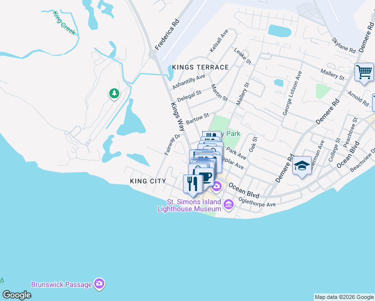 map of restaurants, bars, coffee shops, grocery stores, and more near 1024 Village Oaks Lane in St. Simons Island