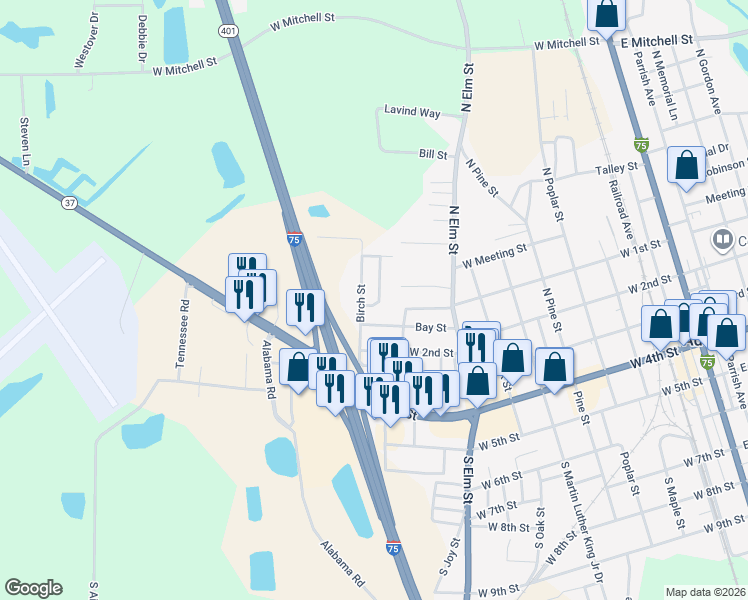 map of restaurants, bars, coffee shops, grocery stores, and more near 403 Wildwood Drive in Adel