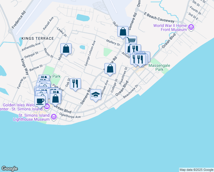 map of restaurants, bars, coffee shops, grocery stores, and more near 1057 Ocean View Avenue in St. Simons Island