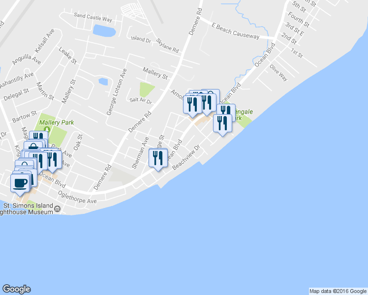map of restaurants, bars, coffee shops, grocery stores, and more near 311 Myrtle Street in St. Simons Island