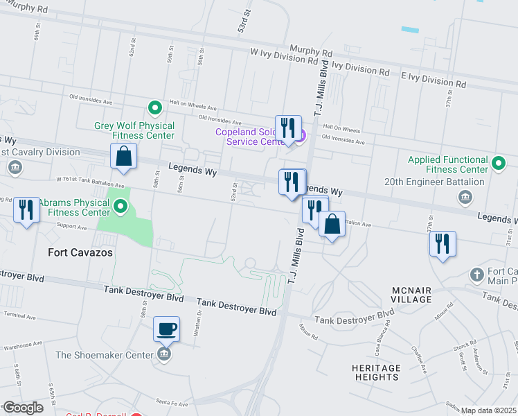 map of restaurants, bars, coffee shops, grocery stores, and more near 761st Tank Battalion Avenue in Fort Hood