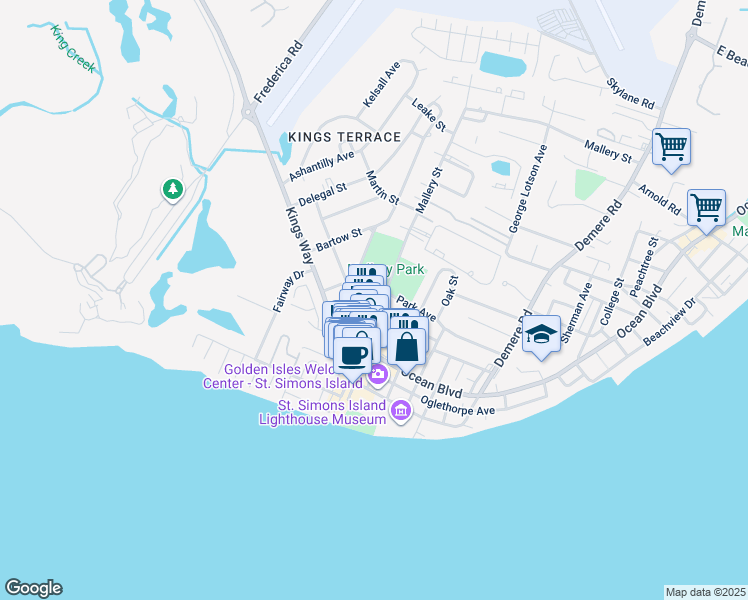 map of restaurants, bars, coffee shops, grocery stores, and more near 518 Mallery Street in Saint Simons Island