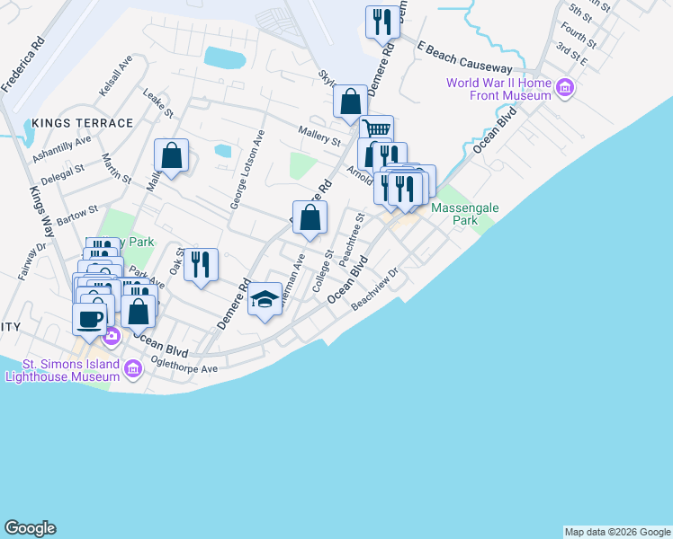 map of restaurants, bars, coffee shops, grocery stores, and more near 408 Seabreeze Drive in St. Simons