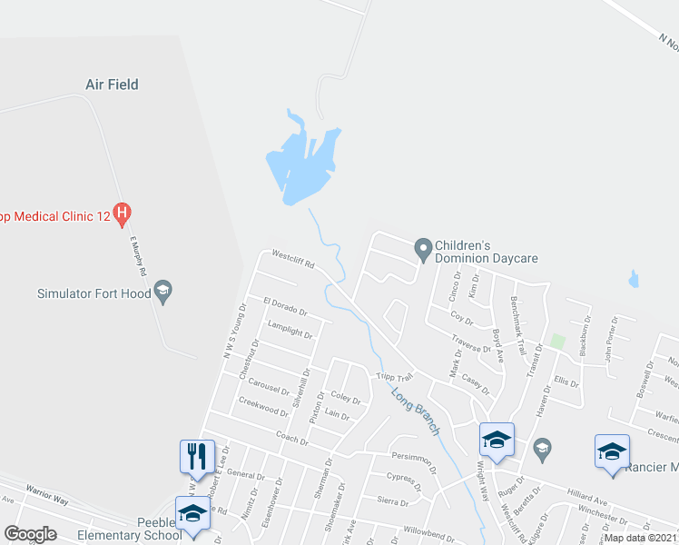 map of restaurants, bars, coffee shops, grocery stores, and more near 2201 Westcliff Road in Killeen
