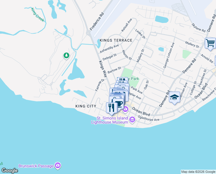 map of restaurants, bars, coffee shops, grocery stores, and more near 1024 Village Oaks Lane in St. Simons Island