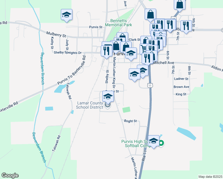 map of restaurants, bars, coffee shops, grocery stores, and more near 200 Center St in Purvis