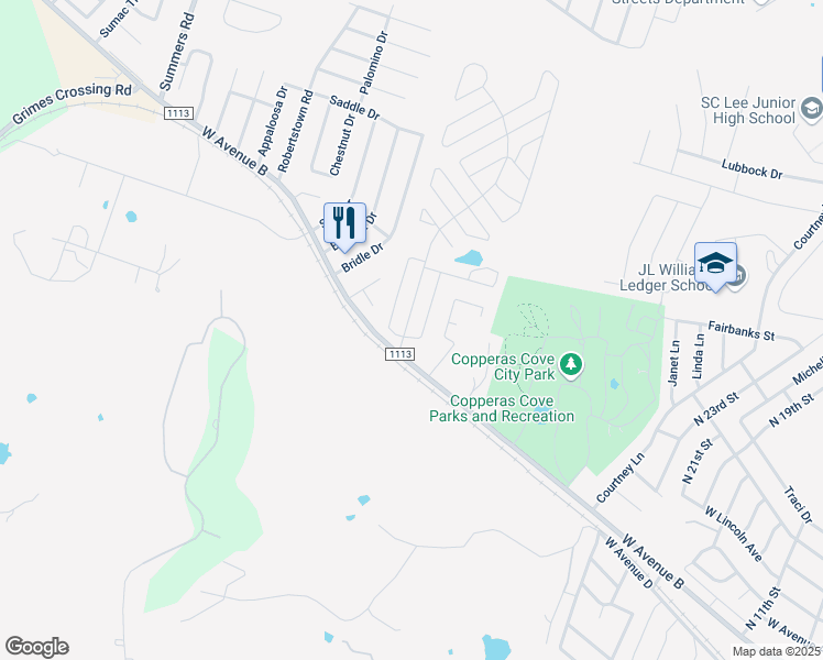 map of restaurants, bars, coffee shops, grocery stores, and more near 4 Cedar Grove Drive in Copperas Cove