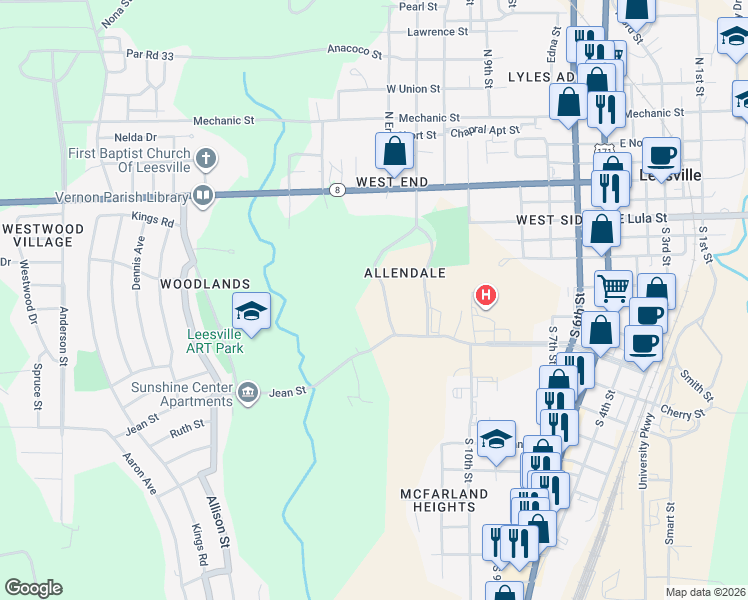 map of restaurants, bars, coffee shops, grocery stores, and more near 1222 Port Arthur Terrace in Leesville