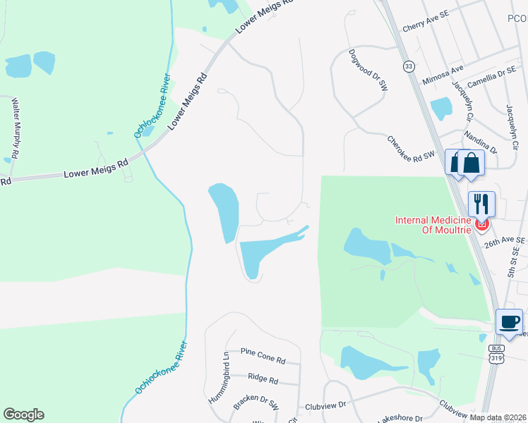 map of restaurants, bars, coffee shops, grocery stores, and more near 128 Old Tram Road Southwest in Moultrie