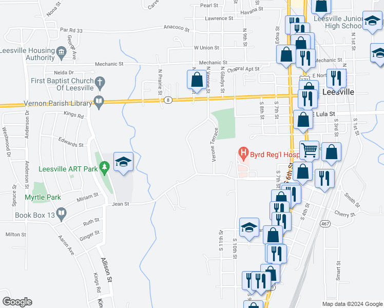 map of restaurants, bars, coffee shops, grocery stores, and more near 1237 Port Arthur Terrace in Leesville