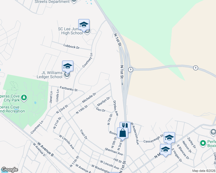 map of restaurants, bars, coffee shops, grocery stores, and more near 846 Michelle Drive in Copperas Cove