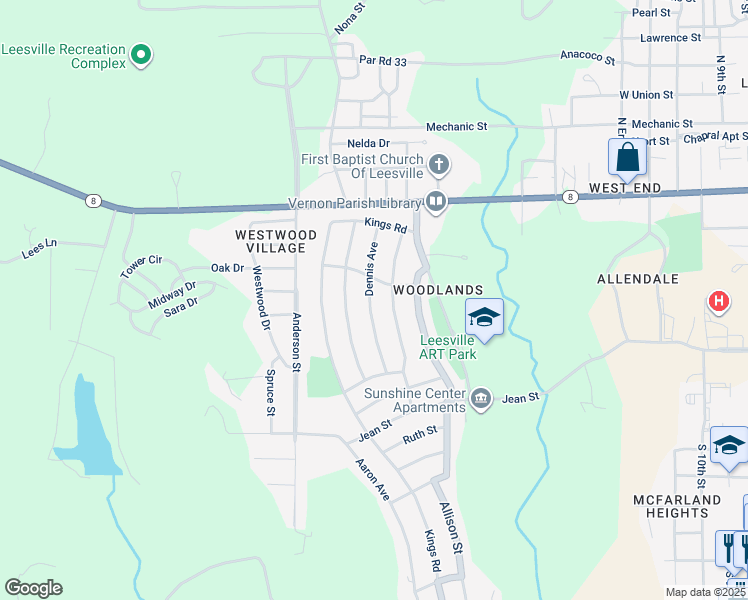 map of restaurants, bars, coffee shops, grocery stores, and more near 907 Dennis Avenue in Leesville