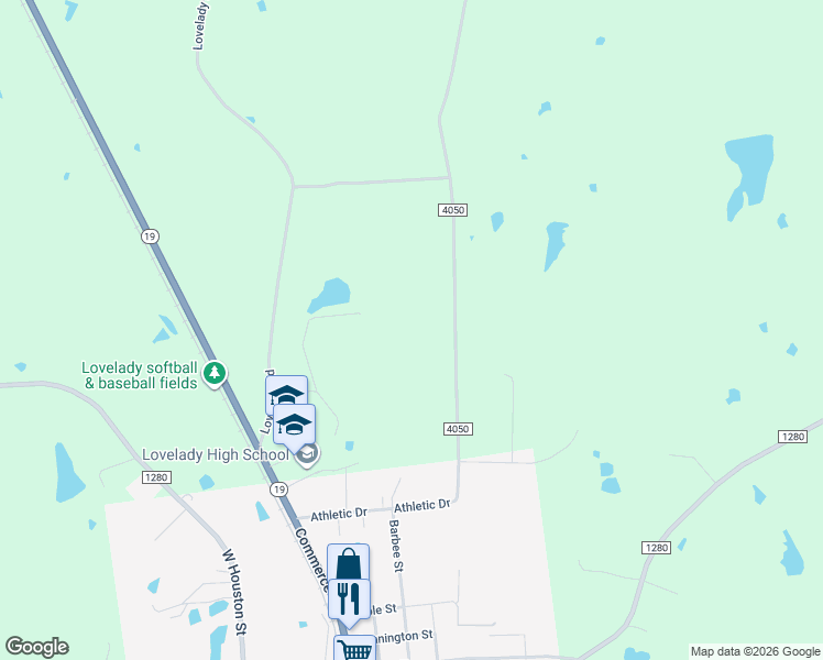 map of restaurants, bars, coffee shops, grocery stores, and more near 735 County Road 4050 in Lovelady