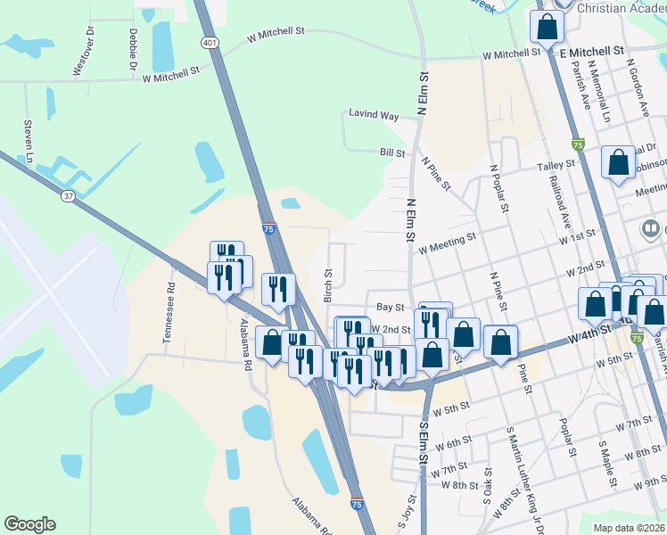 map of restaurants, bars, coffee shops, grocery stores, and more near 403 Wildwood Drive in Adel