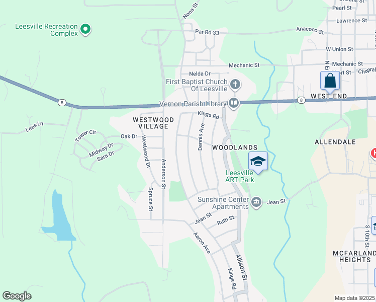 map of restaurants, bars, coffee shops, grocery stores, and more near Marvin Avenue in Leesville