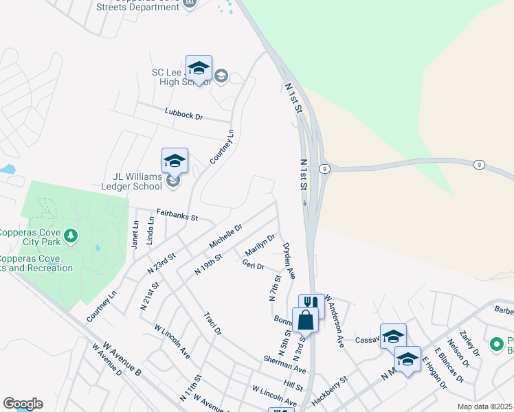 map of restaurants, bars, coffee shops, grocery stores, and more near 845 Michelle Drive in Copperas Cove