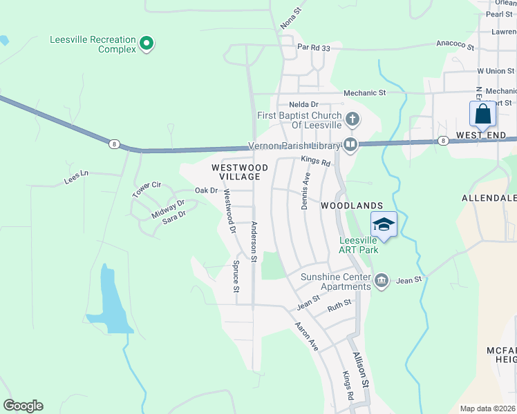map of restaurants, bars, coffee shops, grocery stores, and more near 1103 Anderson Drive in Leesville