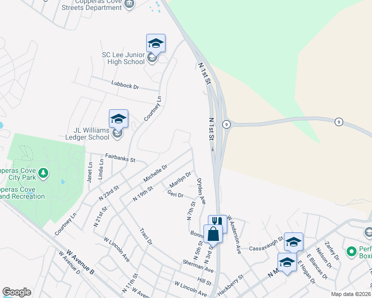 map of restaurants, bars, coffee shops, grocery stores, and more near 1404 Dryden Avenue in Copperas Cove